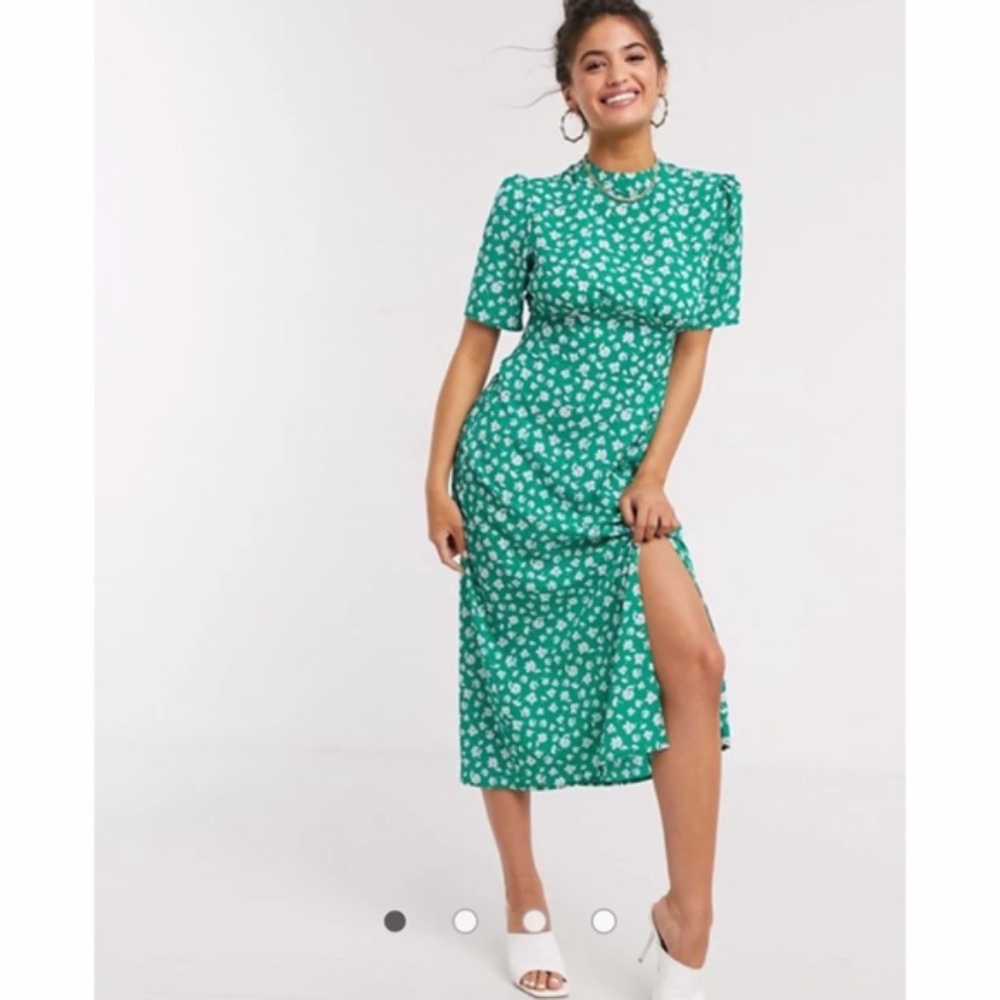 ASOS Buttoned Split Floral Green Midi Tea Dress